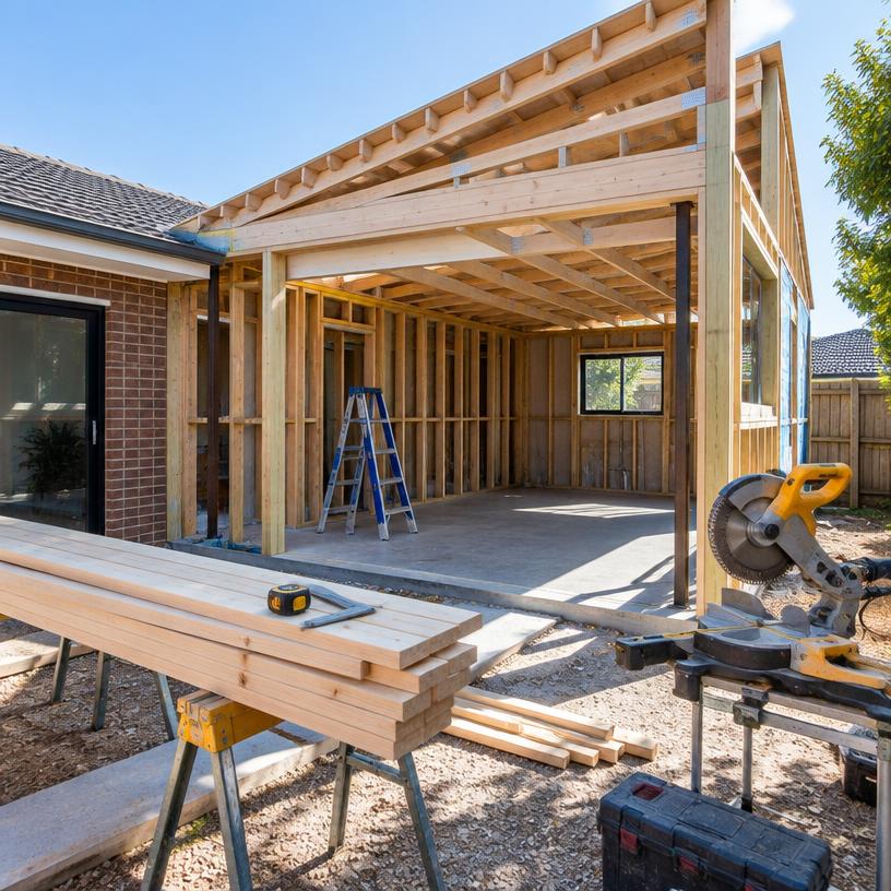 Timber-framed home extension under construction