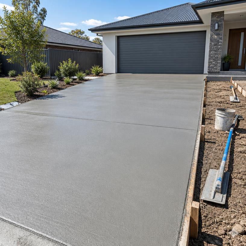 Freshly finished concrete driveway beside a home