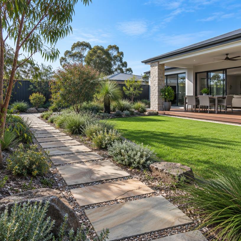 Landscaped garden with stone path and native planting