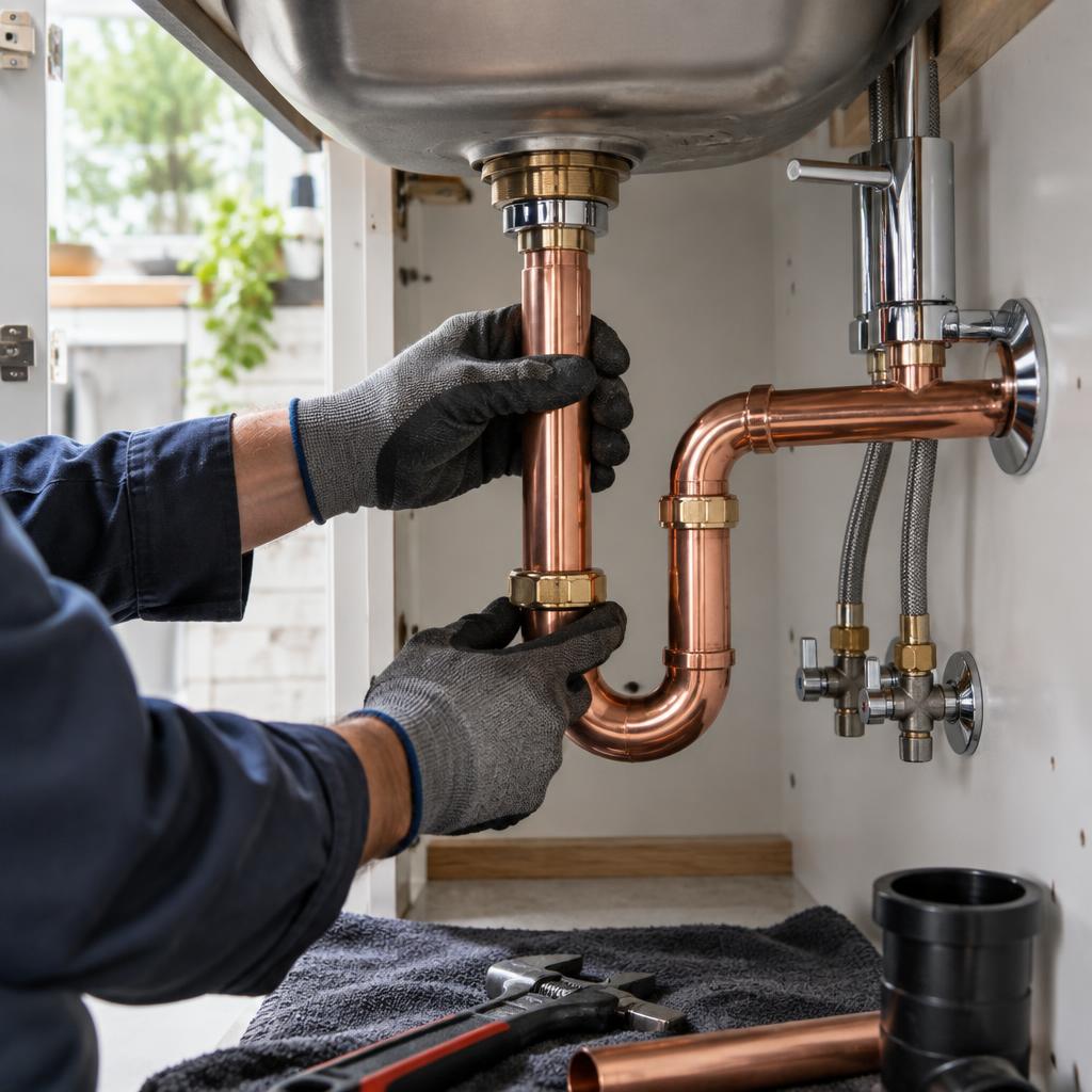 Plumber fitting copper pipework beneath a sink
